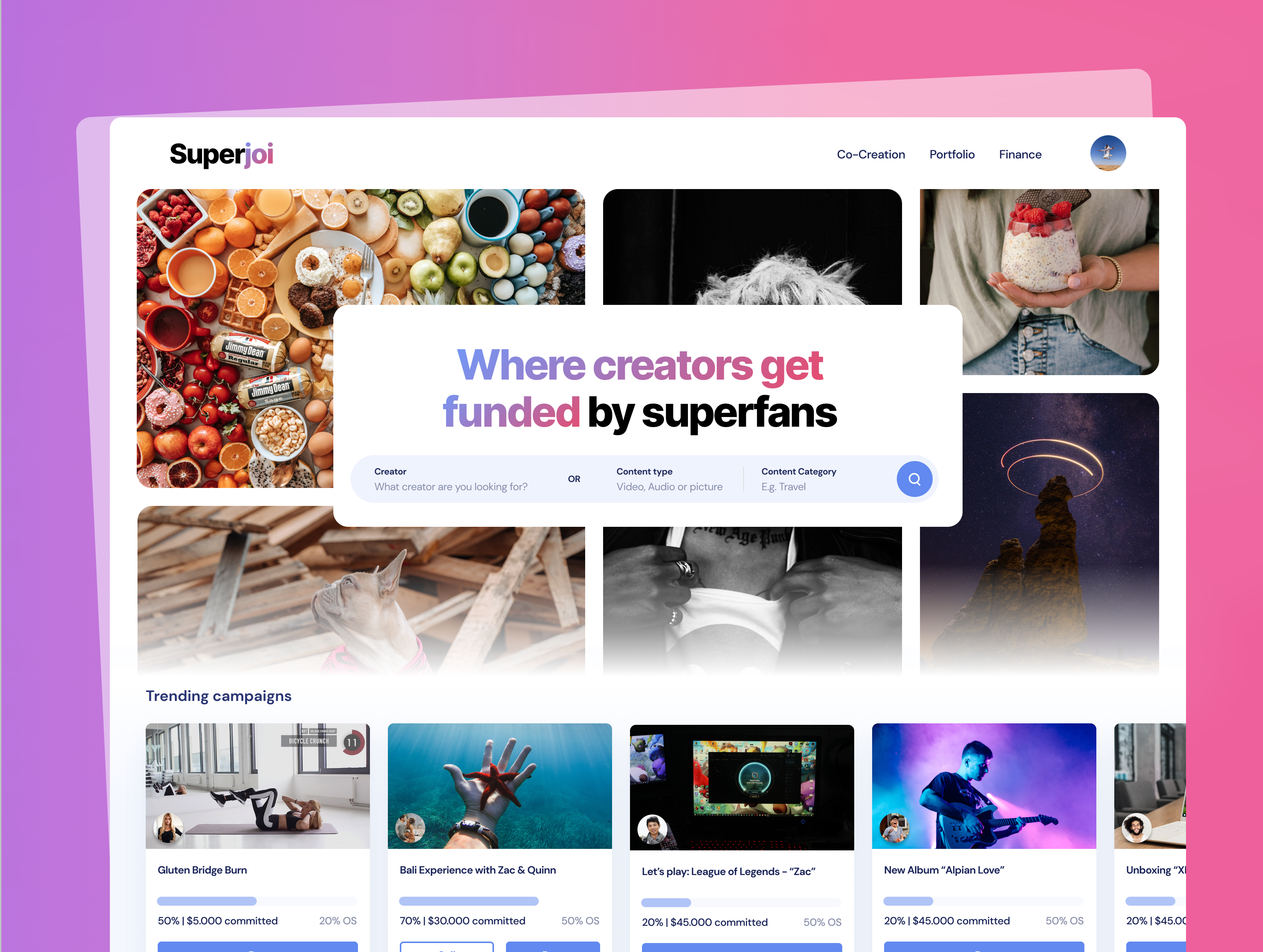 Superjoi-Dashboard-Konzept mit Creator-Kampagnen vor violett-pinkem Hintergrund
