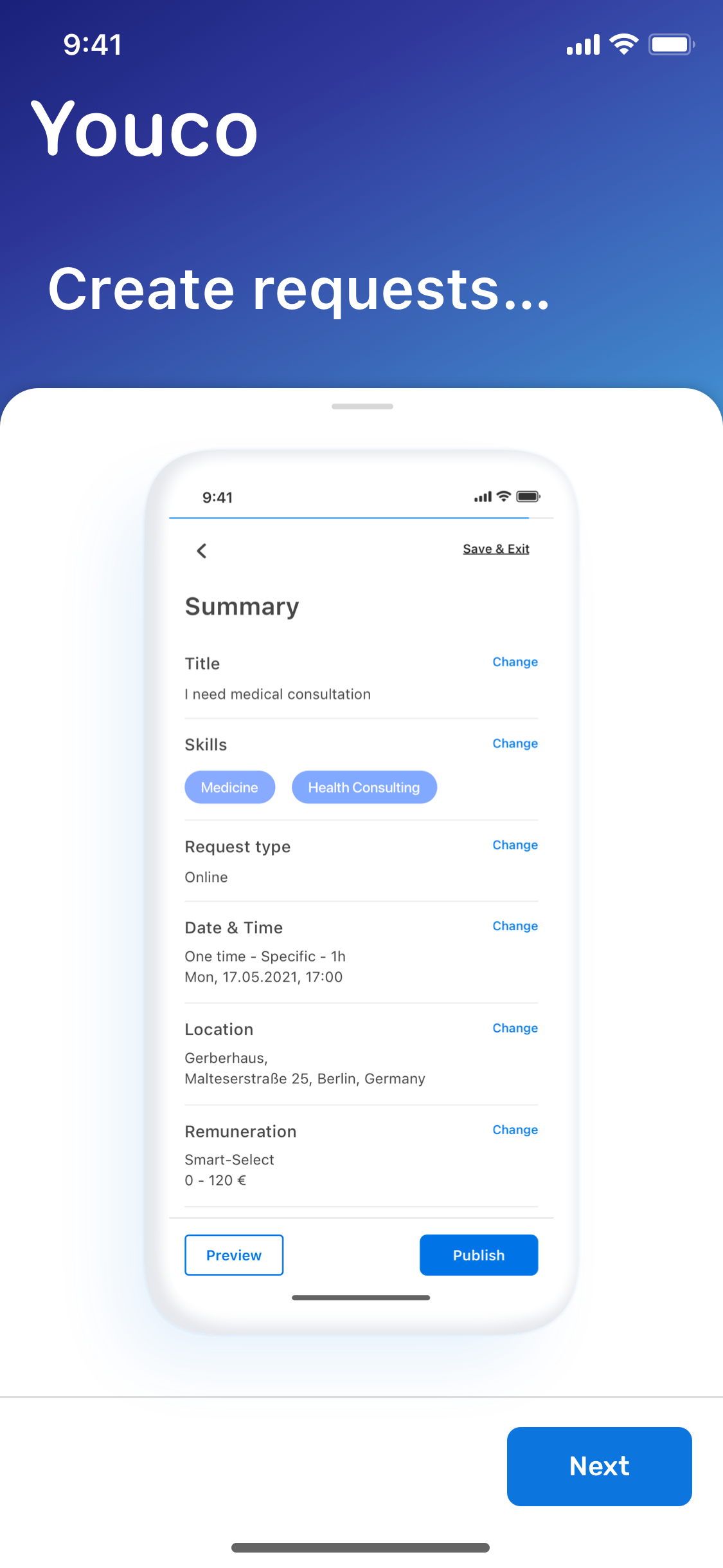 Early Youco onboarding image introducing request creation, with a phone mockup of a sample request summary.